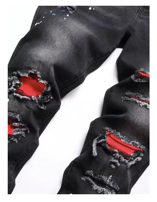 Black, Red-Patch Ripped Jeans