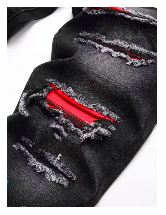 Black, Red-Patch Ripped Jeans