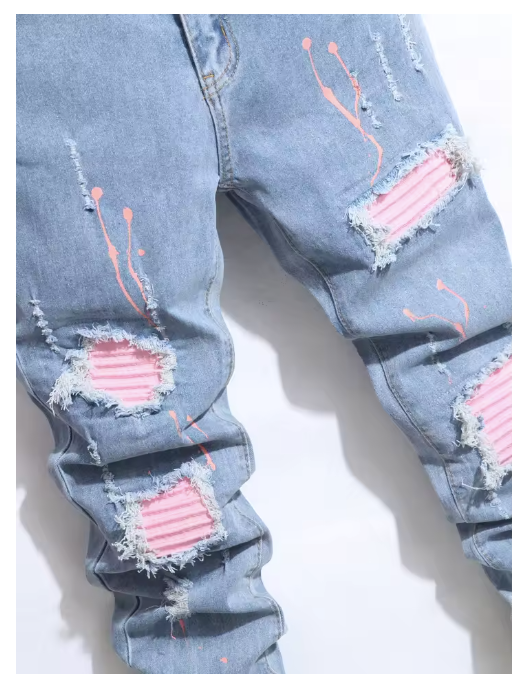 Denim Blue, Pink-Patch Ripped Jeans