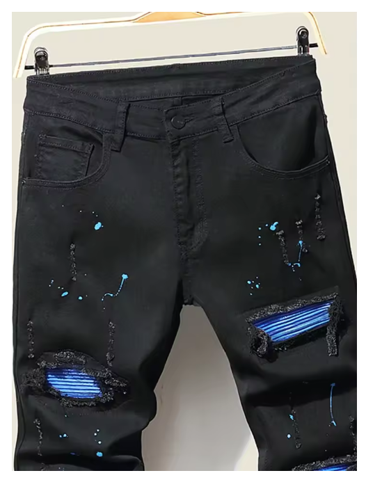 Black, Blue-Patch Ripped Jeans
