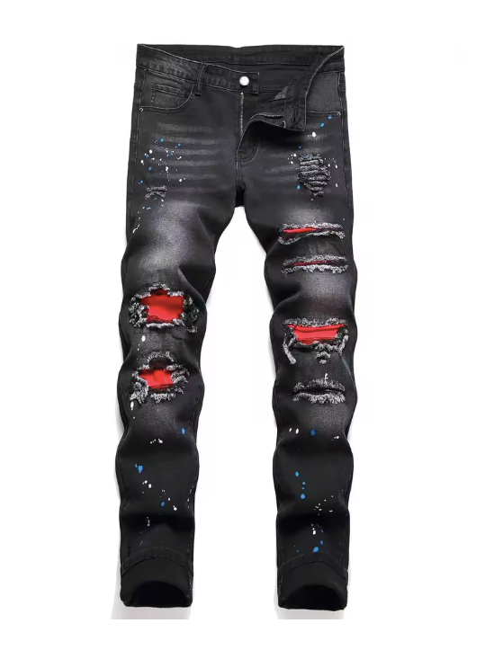 Black, Red-Patch Ripped Jeans