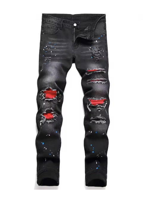 Black, Red-Patch Ripped Jeans