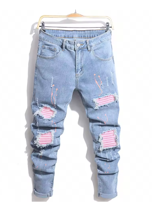 Denim Blue, Pink-Patch Ripped Jeans