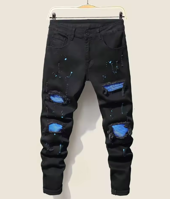 Black, Blue-Patch Ripped Jeans