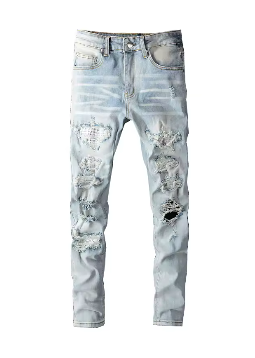 Denim Blue Diamond Ripped Jeans